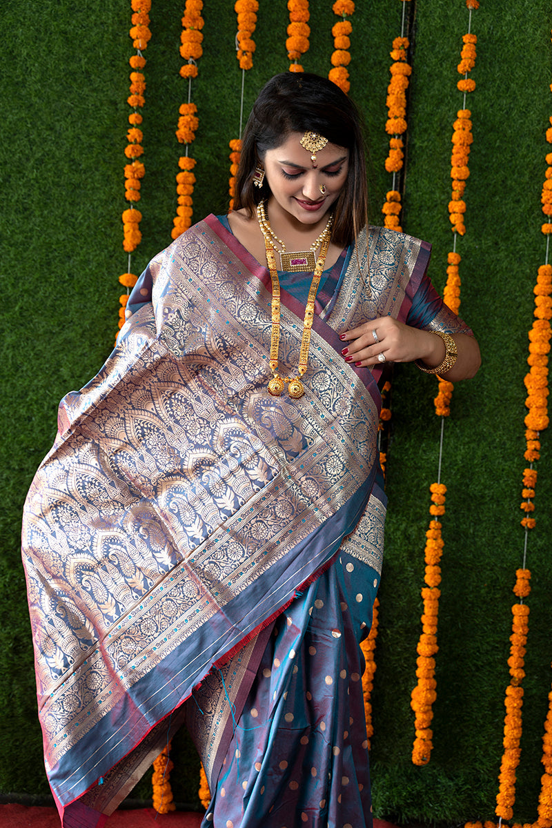 Monjolika Fashion Steel Grey Woven Banarasi Silk Blend Saree With Blouse