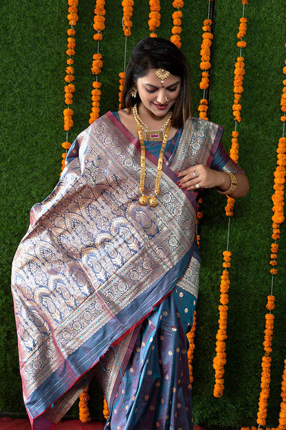 Monjolika Fashion Steel Grey Woven Banarasi Silk Blend Saree With Blouse