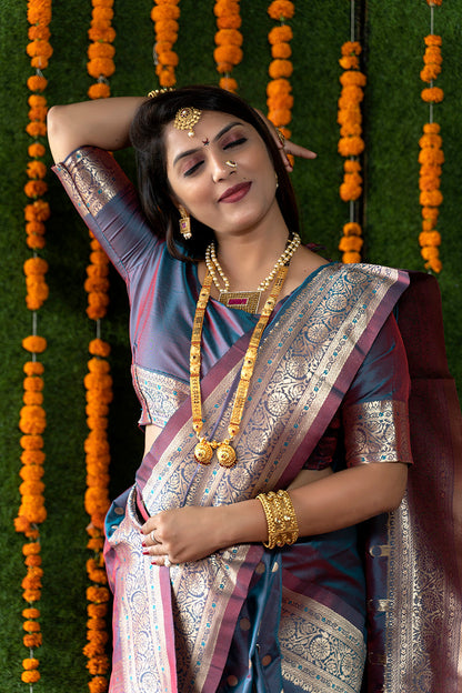 Monjolika Fashion Steel Grey Woven Banarasi Silk Blend Saree With Blouse