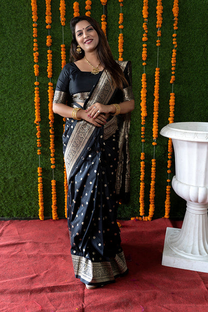 Monjolika Fashion Black Woven Banarasi Silk Blend Saree With Blouse