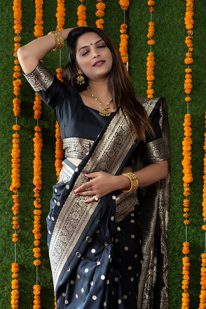 Monjolika Fashion Black Woven Banarasi Silk Blend Saree With Blouse