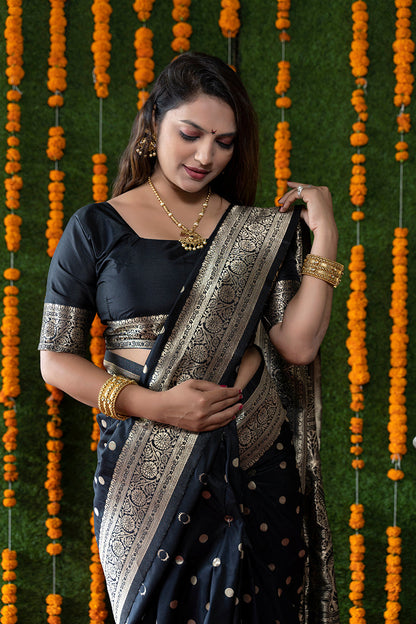 Monjolika Fashion Black Woven Banarasi Silk Blend Saree With Blouse