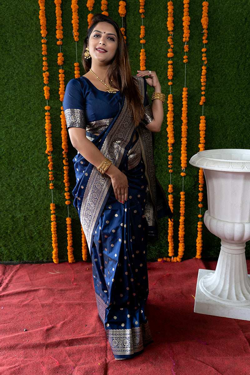 Monjolika Fashion Navy Blue Woven Banarasi Silk Blend Saree With Blouse
