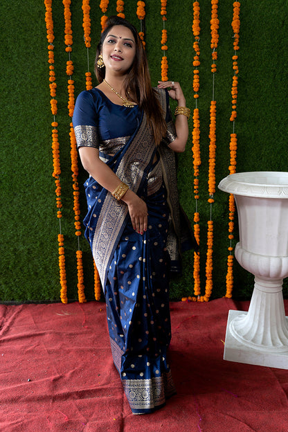 Monjolika Fashion Navy Blue Woven Banarasi Silk Blend Saree With Blouse