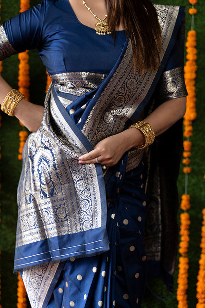 Monjolika Fashion Navy Blue Woven Banarasi Silk Blend Saree With Blouse