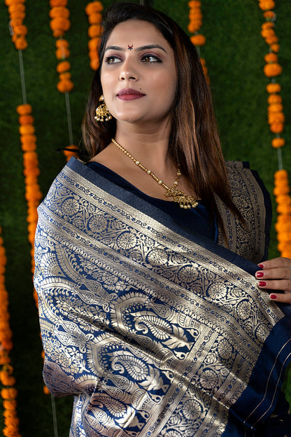Monjolika Fashion Navy Blue Woven Banarasi Silk Blend Saree With Blouse