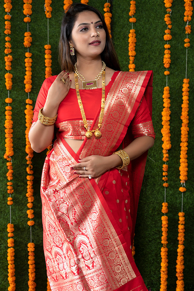 Monjolika Fashion Red Woven Banarasi Silk Blend Saree With Blouse