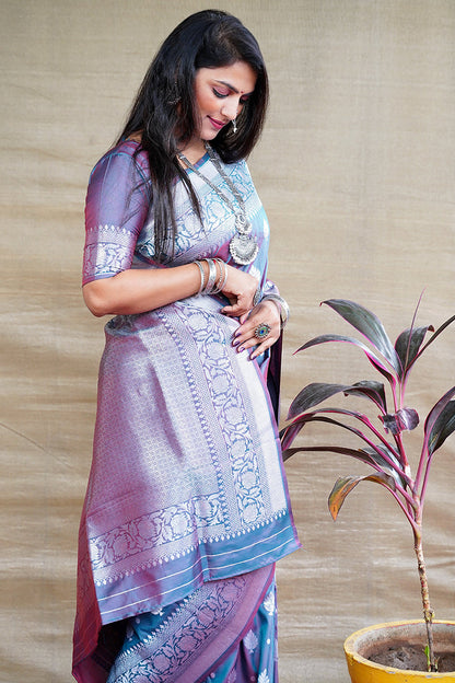 Monjolika Fashion Teal Blue Woven Banarasi Silk Blend Saree With Blouse