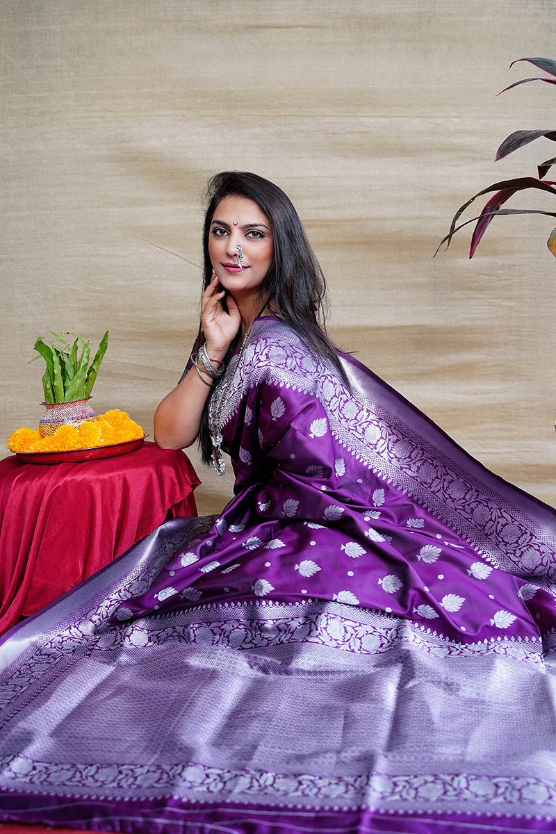 Monjolika Fashion Purple Woven Banarasi Silk Blend Saree With Blouse