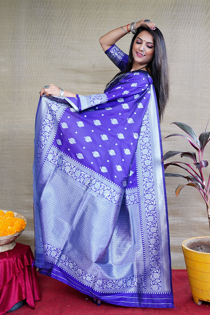 Monjolika Fashion Royal Blue Woven Banarasi Silk Blend Saree With Blouse