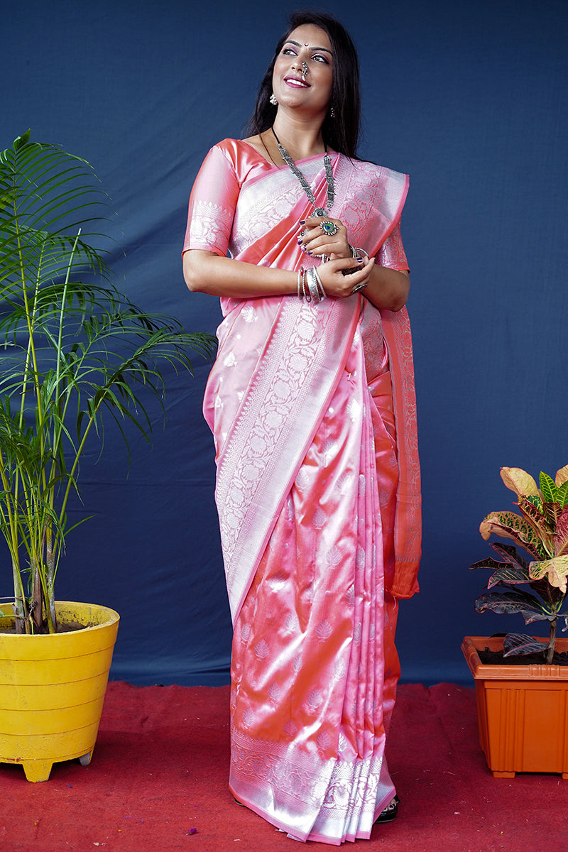 Monjolika Fashion Baby Pink Woven Banarasi Silk Blend Saree With Blouse