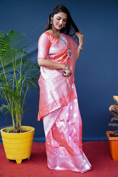 Monjolika Fashion Baby Pink Woven Banarasi Silk Blend Saree With Blouse