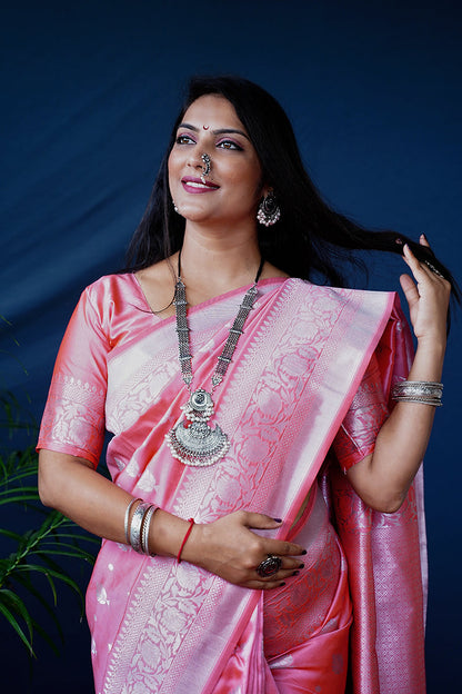 Monjolika Fashion Baby Pink Woven Banarasi Silk Blend Saree With Blouse