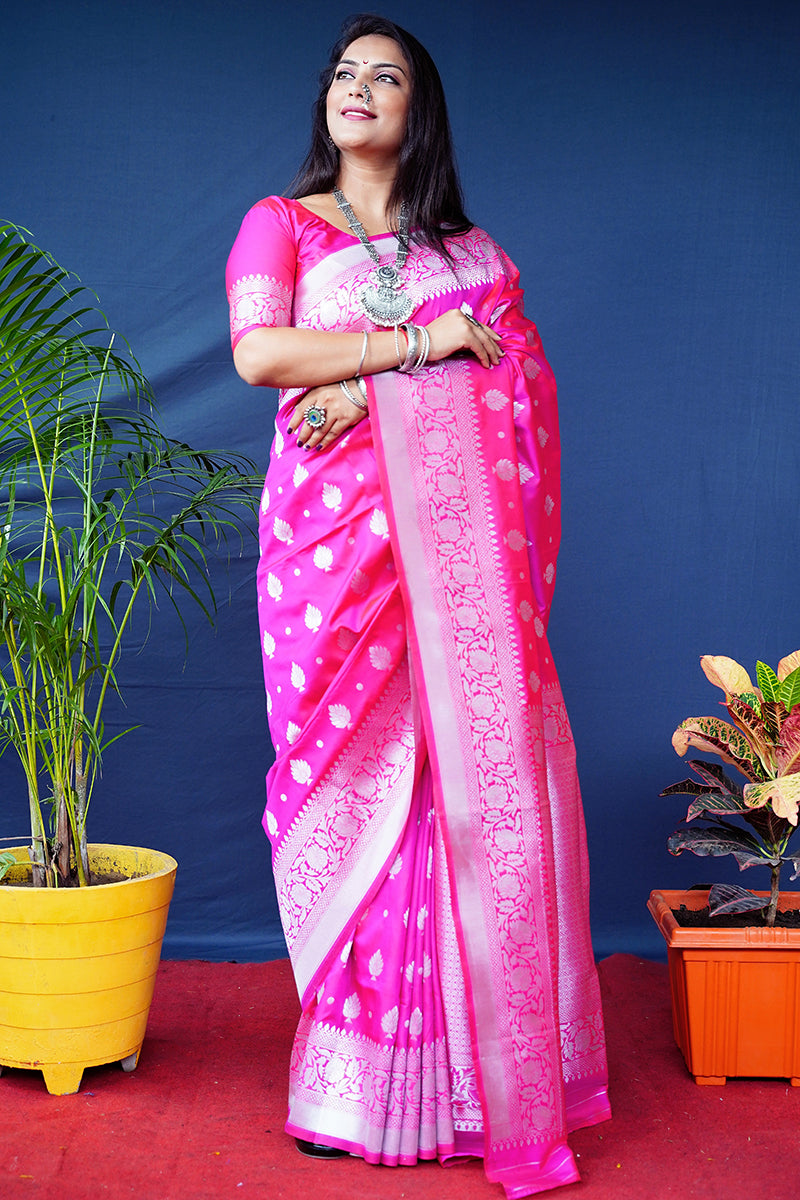 Monjolika Fashion Rani Pink Woven Banarasi Silk Blend Saree With Blouse
