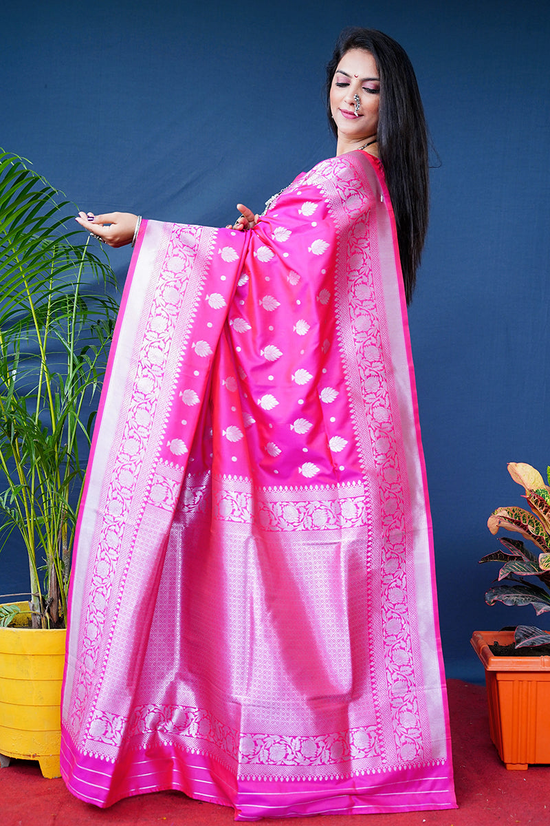 Monjolika Fashion Rani Pink Woven Banarasi Silk Blend Saree With Blouse