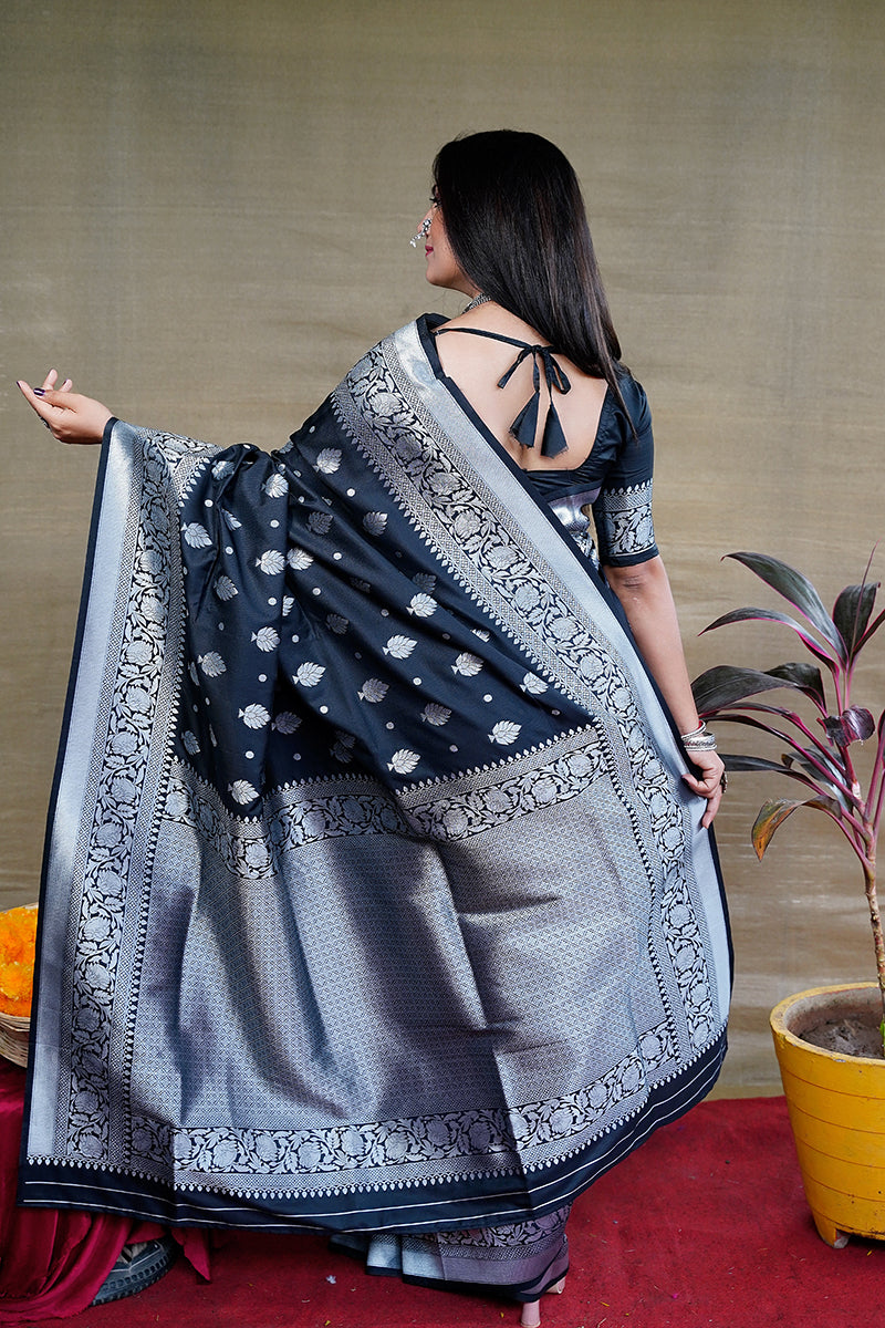 Monjolika Fashion Black Woven Banarasi Silk Blend Saree With Blouse