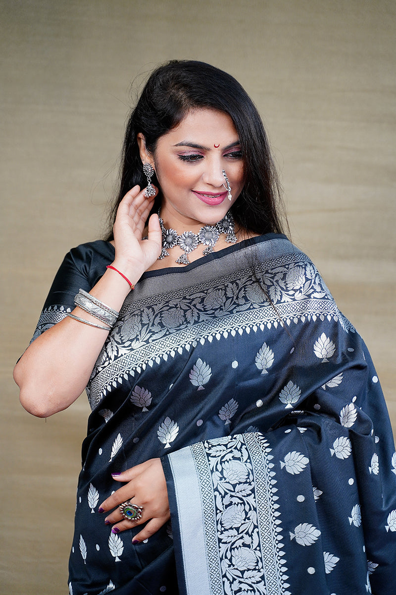 Monjolika Fashion Black Woven Banarasi Silk Blend Saree With Blouse