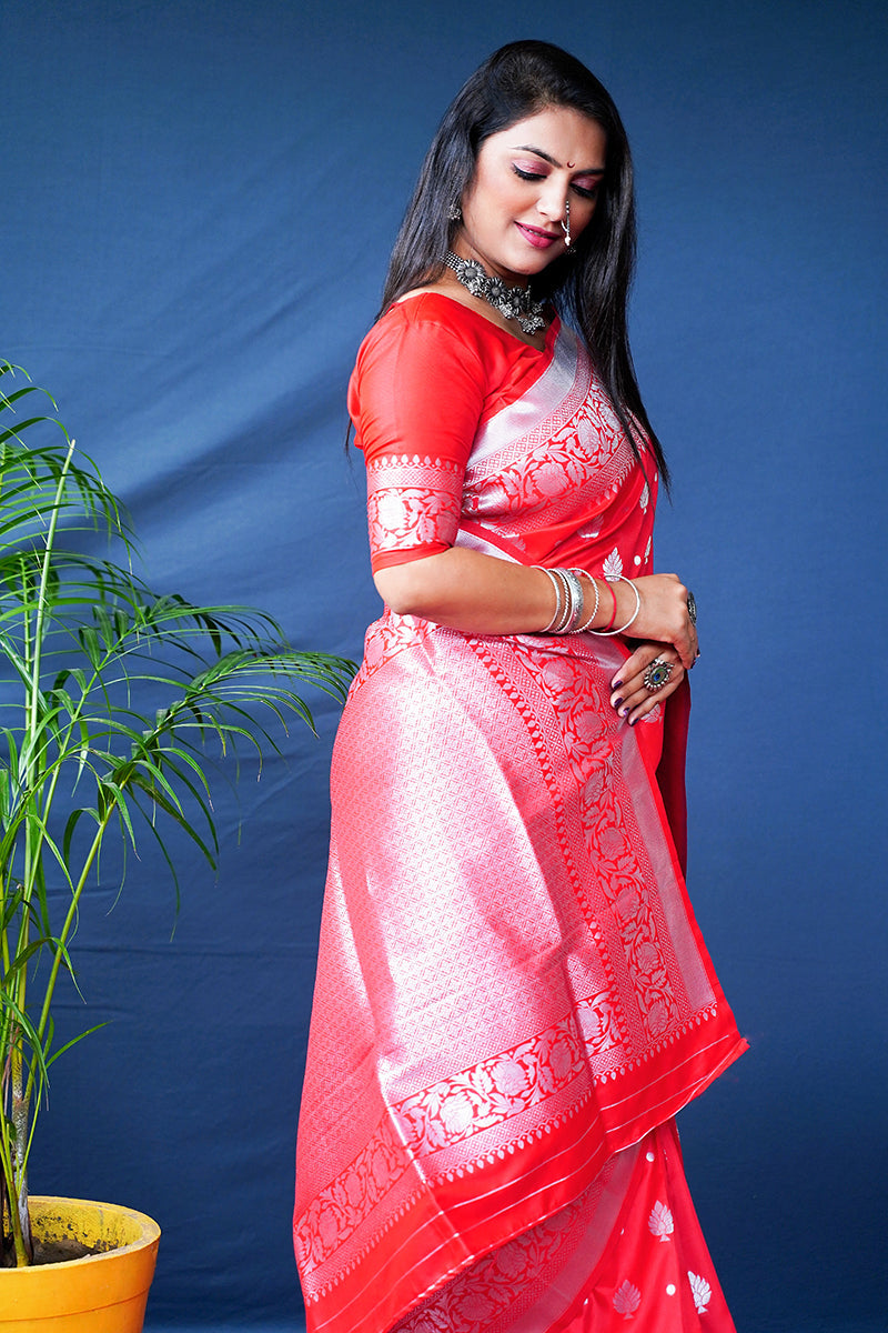 Monjolika Fashion Red Woven Banarasi Silk Blend Saree With Blouse