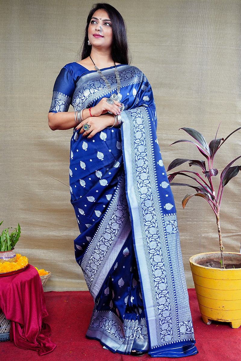 Monjolika Fashion Navy Blue Woven Banarasi Silk Blend Saree With Blouse