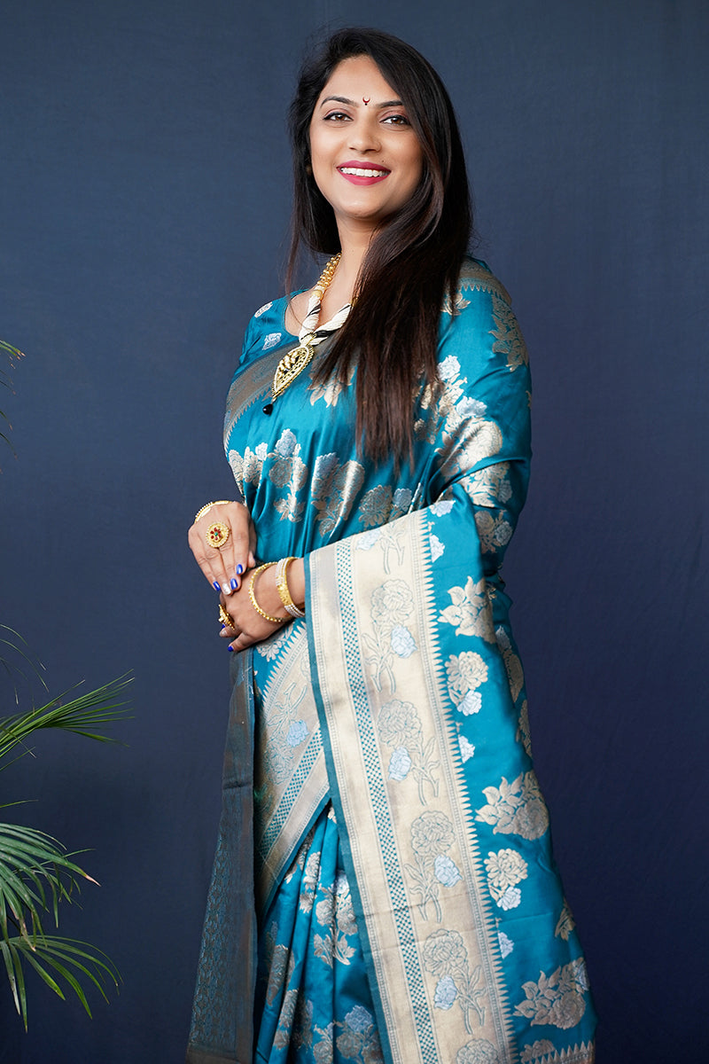 Monjolika Fashion Teal Blue Woven Banarasi Silk Blend Saree With Blouse