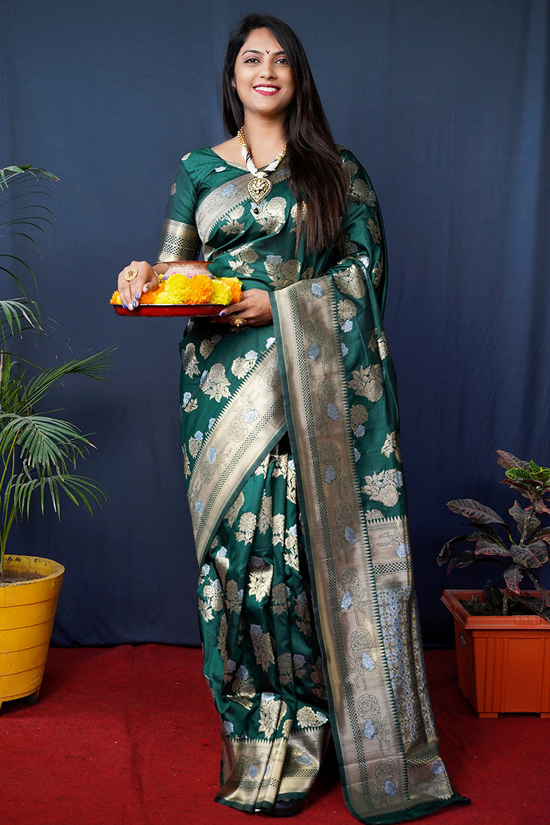 Monjolika Fashion Dark Green Woven Banarasi Silk Blend Saree With Blouse