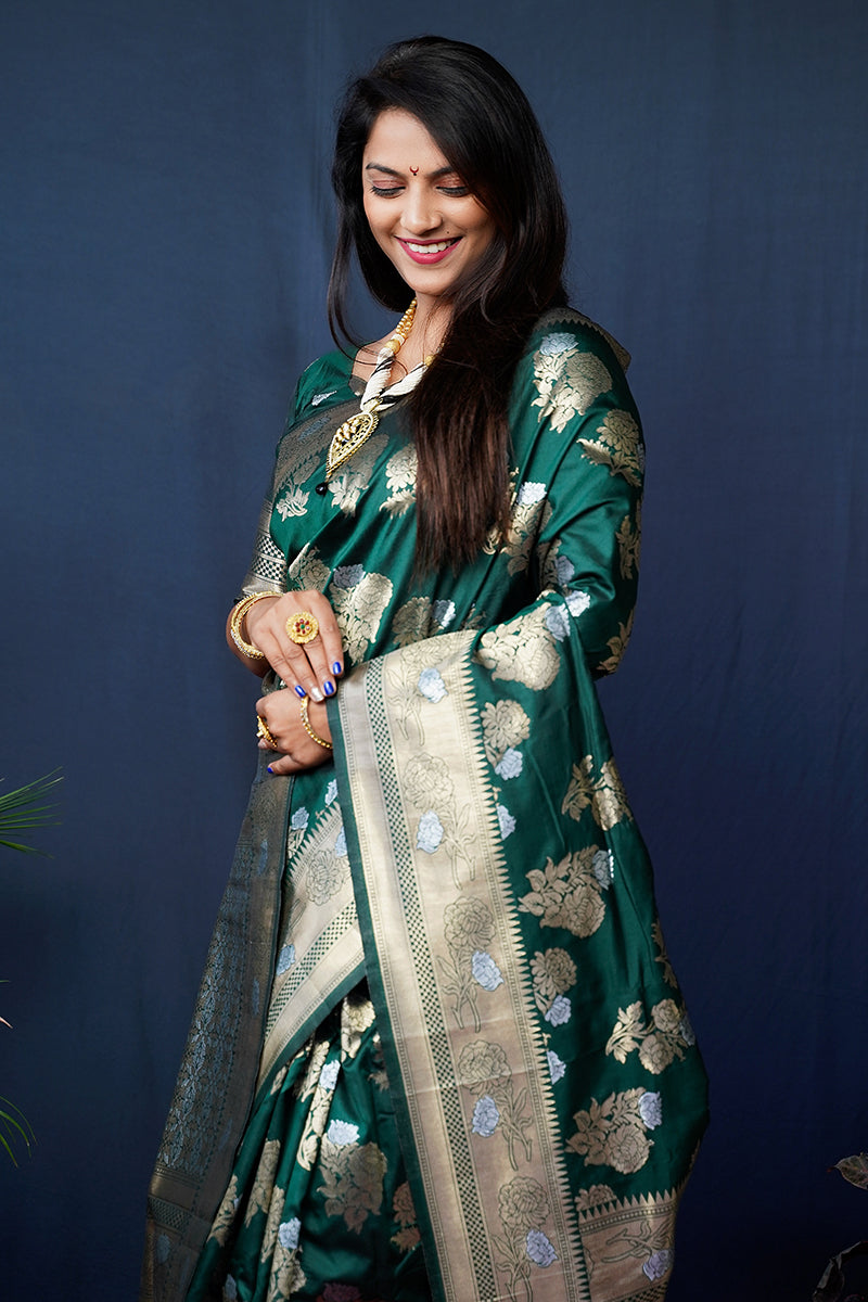 Monjolika Fashion Dark Green Woven Banarasi Silk Blend Saree With Blouse