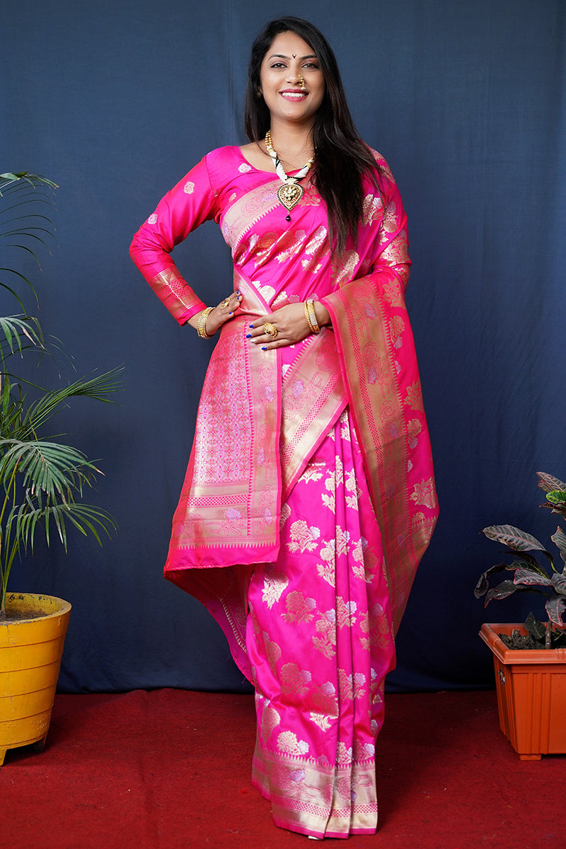 Monjolika Fashion Rani Pink Woven Banarasi Silk Blend Saree With Blouse