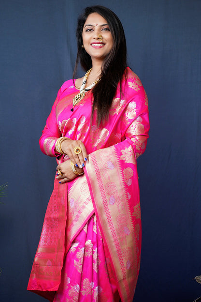 Monjolika Fashion Rani Pink Woven Banarasi Silk Blend Saree With Blouse