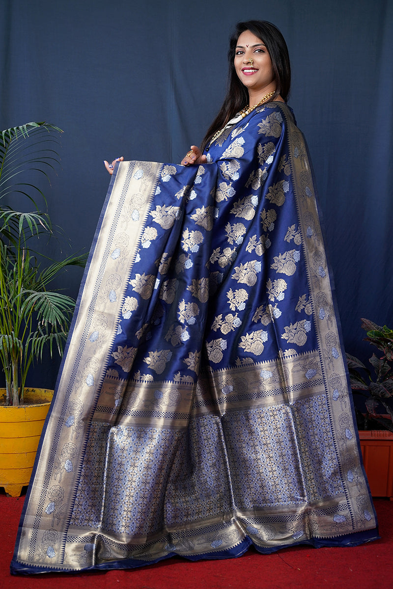 Monjolika Fashion Navy Blue Woven Banarasi Silk Blend Saree With Blouse