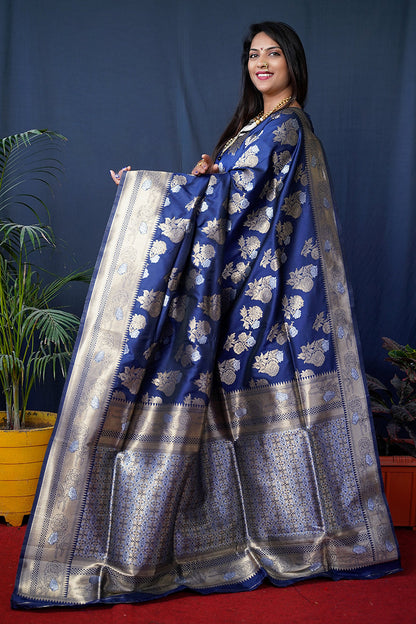 Monjolika Fashion Navy Blue Woven Banarasi Silk Blend Saree With Blouse