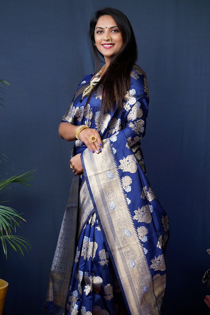 Monjolika Fashion Navy Blue Woven Banarasi Silk Blend Saree With Blouse