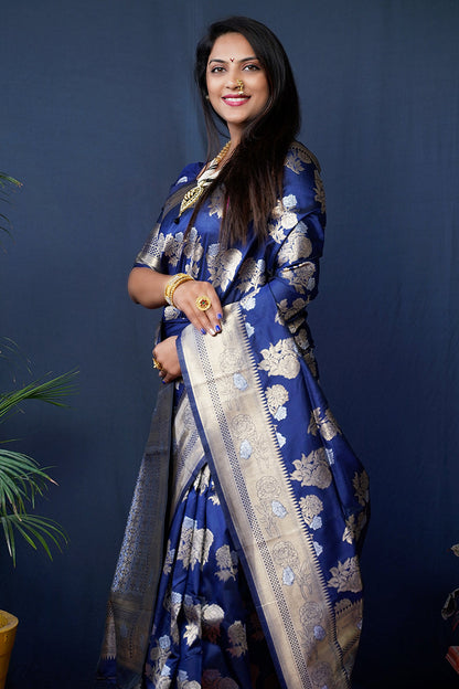 Monjolika Fashion Navy Blue Woven Banarasi Silk Blend Saree With Blouse