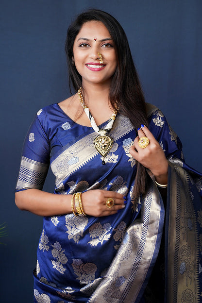 Monjolika Fashion Navy Blue Woven Banarasi Silk Blend Saree With Blouse
