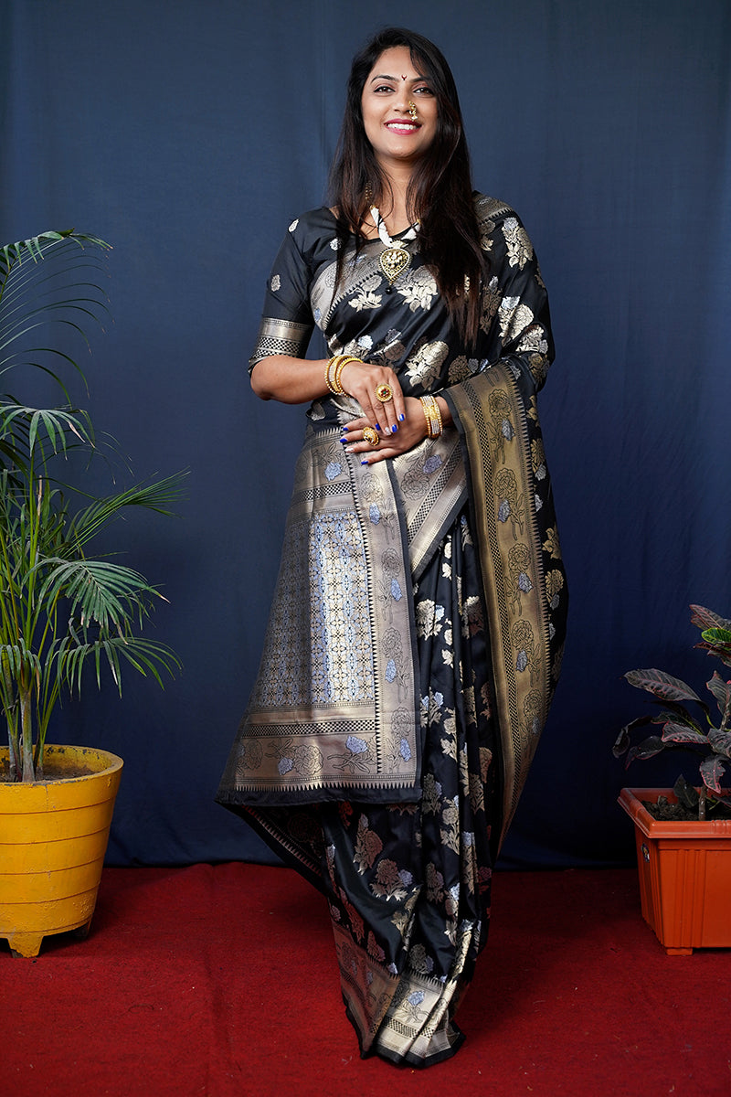 Monjolika Fashion Black Woven Banarasi Silk Blend Saree With Blouse
