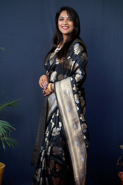 Monjolika Fashion Black Woven Banarasi Silk Blend Saree With Blouse