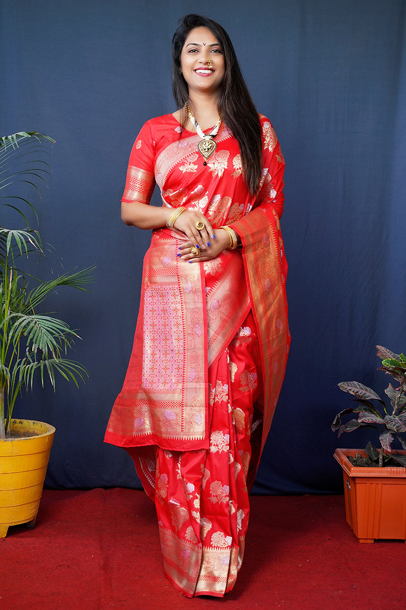Monjolika Fashion Red Woven Banarasi Silk Blend Saree With Blouse