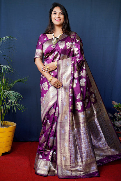 Monjolika Fashion Purple Woven Banarasi Silk Blend Saree With Blouse