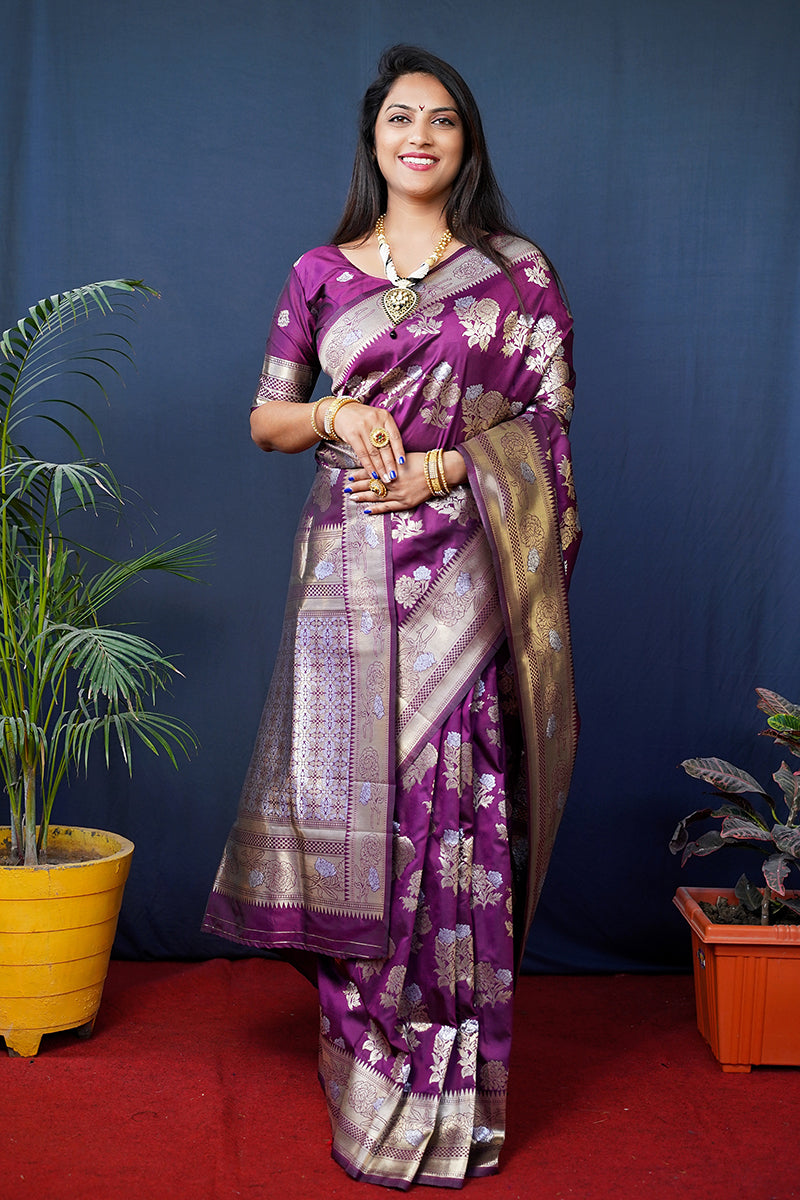 Monjolika Fashion Purple Woven Banarasi Silk Blend Saree With Blouse