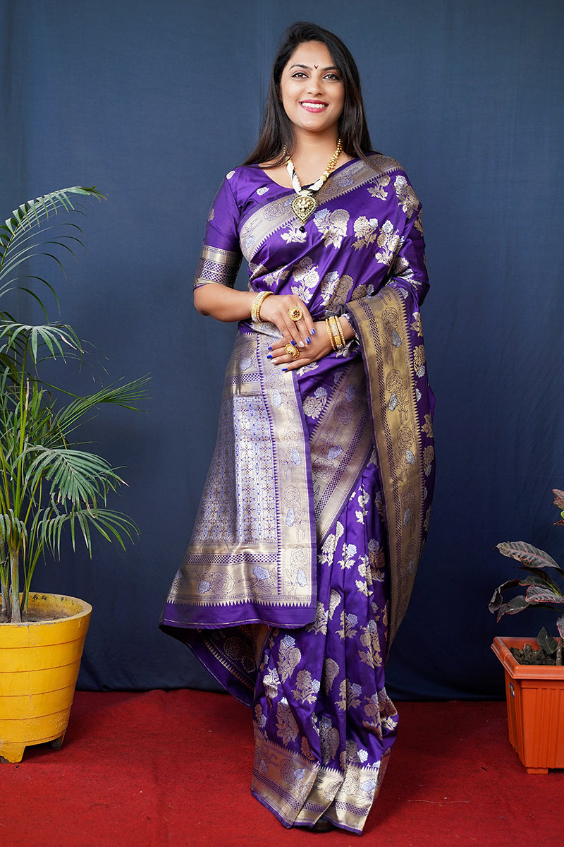 Monjolika Fashion Violet Woven Banarasi Silk Blend Saree With Blouse