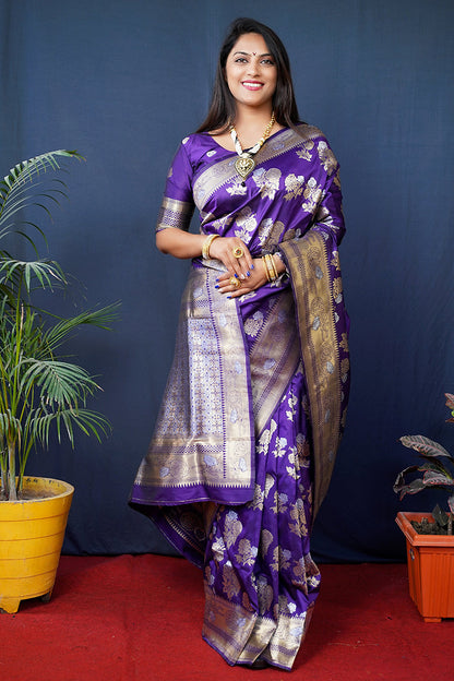 Monjolika Fashion Violet Woven Banarasi Silk Blend Saree With Blouse
