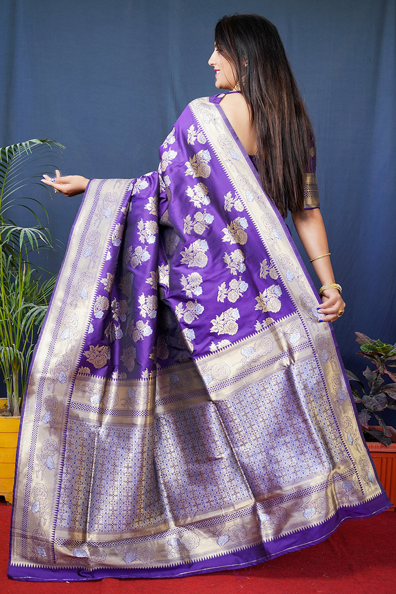 Monjolika Fashion Violet Woven Banarasi Silk Blend Saree With Blouse