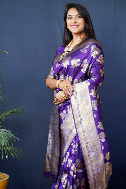 Monjolika Fashion Violet Woven Banarasi Silk Blend Saree With Blouse