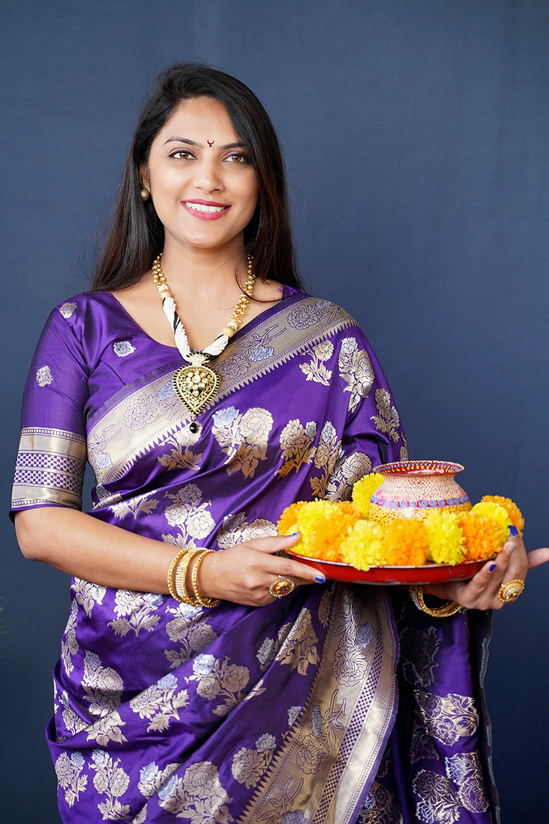 Monjolika Fashion Violet Woven Banarasi Silk Blend Saree With Blouse