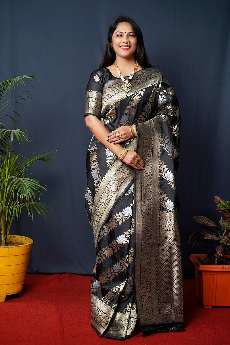 Monjolika Fashion Black Woven Banarasi Silk Blend Saree With Blouse