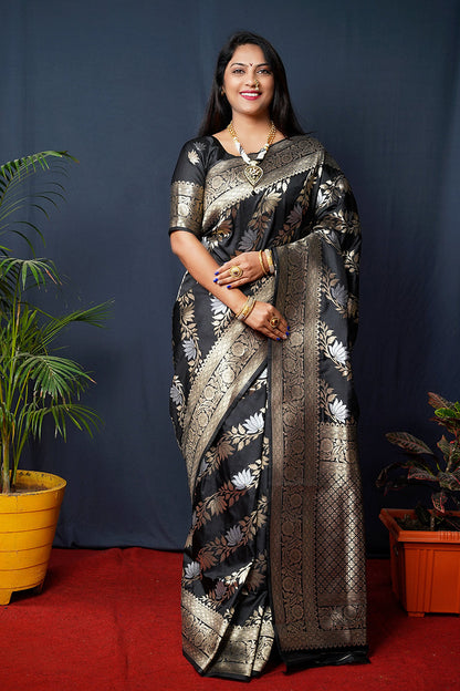 Monjolika Fashion Black Woven Banarasi Silk Blend Saree With Blouse