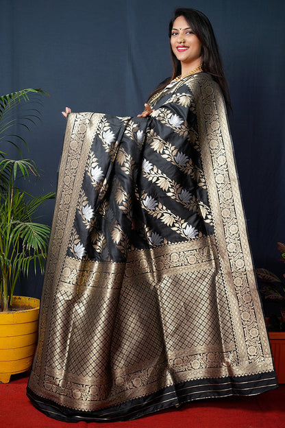 Monjolika Fashion Black Woven Banarasi Silk Blend Saree With Blouse