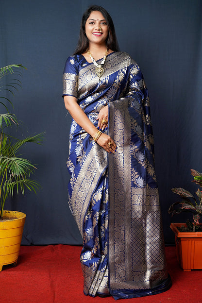 Monjolika Fashion Navy Blue Woven Banarasi Silk Blend Saree With Blouse