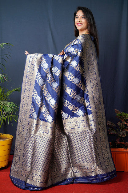 Monjolika Fashion Navy Blue Woven Banarasi Silk Blend Saree With Blouse