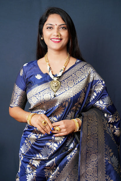 Monjolika Fashion Navy Blue Woven Banarasi Silk Blend Saree With Blouse
