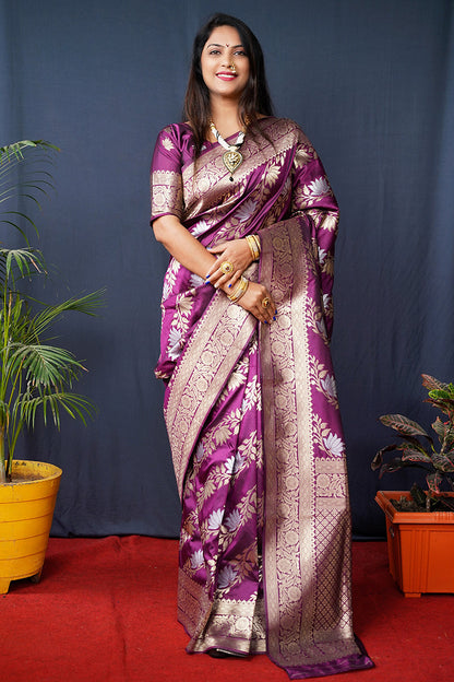 Monjolika Fashion Magenta Purple Woven Banarasi Silk Blend Saree With Blouse